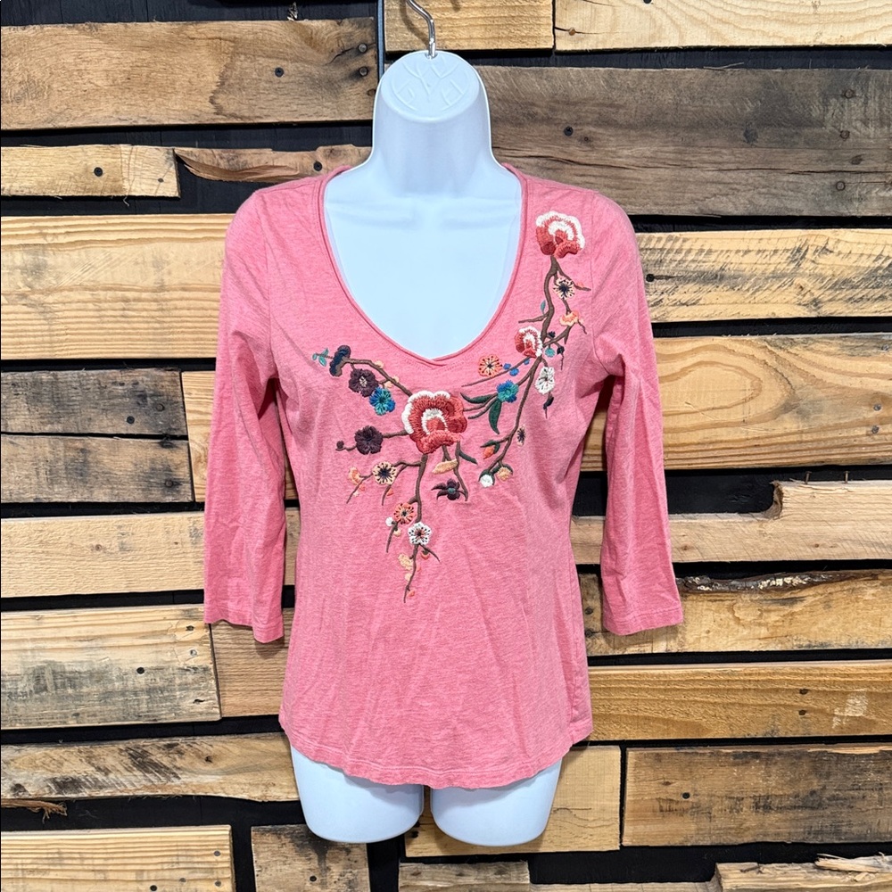 Garnet Hill Coral Pink V Neck Boho Floral Embroidered 3/4‎ Sleeve Top Size XS